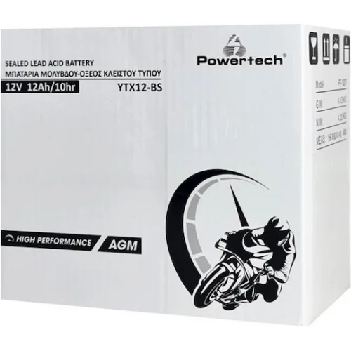 Powertech Μπαταρία Μοτοσυκλέτας YTX12-BS με Χωρητικότητα 12Ah