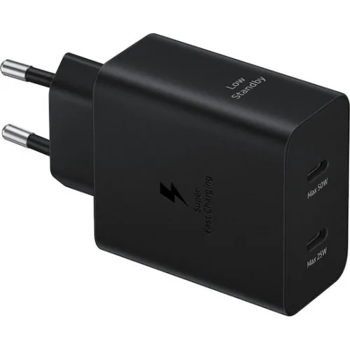 Samsung Φορτιστής με 2 Θύρες USB-C και Καλώδιο USB-C - USB-C 50W Power Delivery Μαύρος (EP-T5020X)