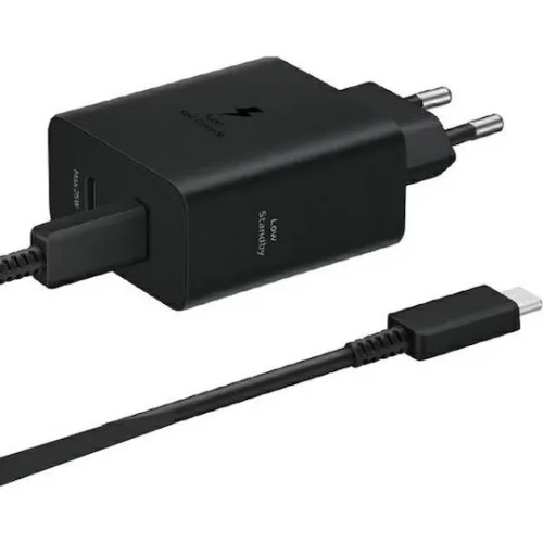 Samsung Φορτιστής με 2 Θύρες USB-C και Καλώδιο USB-C - USB-C 50W Power Delivery Μαύρος (EP-T5020X)