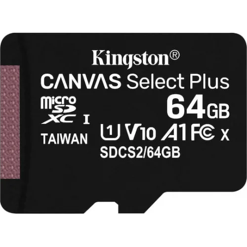 Kingston Canvas Select Plus microSDXC 64GB Class 10 U1 V10 A1 UHS-I με αντάπτορα