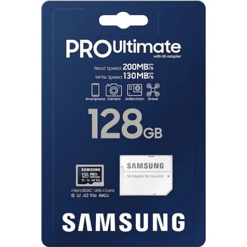 Samsung PRO Ultimate microSDXC 128GB Class 10 U3 V30 A2 UHS-I με αντάπτορα