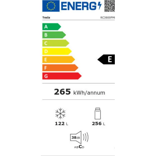 Tesla Ψυγειοκαταψύκτης 378lt Total NoFrost Υ201xΠ59.5xΒ66εκ. Μαύρος RC3800FMB