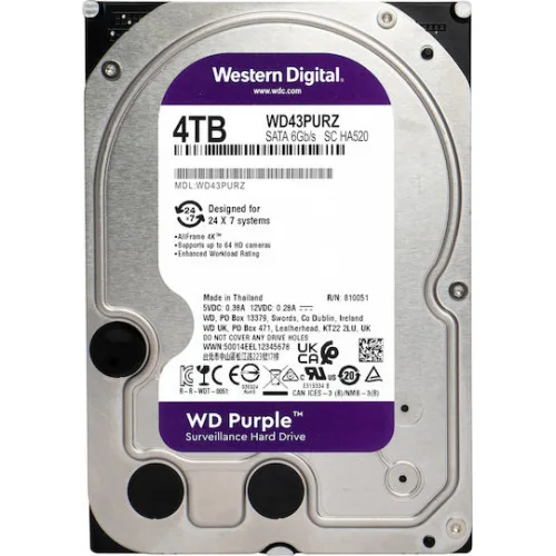 Western Digital Purple 4TB HDD Σκληρός Δίσκος 3.5" SATA III 5400rpm με 256MB Cache για Καταγραφικό