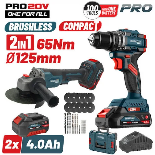 Bormann Σετ Γωνιακός Τροχός & Κρουστικό Δραπανοκατσάβιδο Brushless με Μπαταρίες Bormann Σετ Γωνιακός Τροχός & Κρουστικό Δραπανοκατσάβιδο Brushless με Μπαταρίες