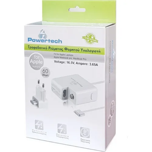 Powertech Φορτιστής Laptop 60W 16.5V 3.65A για Apple με Αντάπτορα Τροφοδοσίας