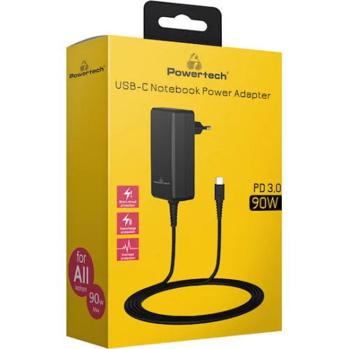 Powertech USB-C Universal Φορτιστής Laptop 90W με Αποσπώμενο Καλώδιο Τροφοδοσίας