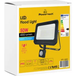 Powertech Στεγανός Προβολέας LED 50W Φυσικό Λευκό 4000K με Αισθητήρα Κίνησης IP65