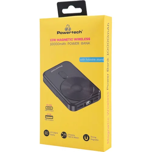 Powertech MagSafe Power Bank 10000mAh 22.5W με Θύρα USB-A και Θύρα USB-C Power Delivery / Quick Charge 3.0 Μαύρο