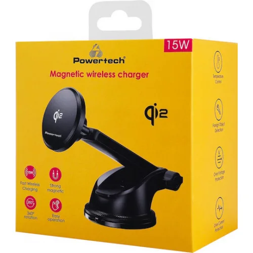 Powertech Βάση Κινητού Αυτοκινήτου με Μαγνήτη και Ασύρματη Φόρτιση MagSafe Μαύρη