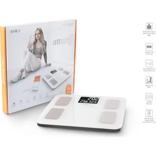 AMILA Fitbody 5 Smart Ζυγαριά 180kg με Λιπομετρητή & Bluetooth Λευκή