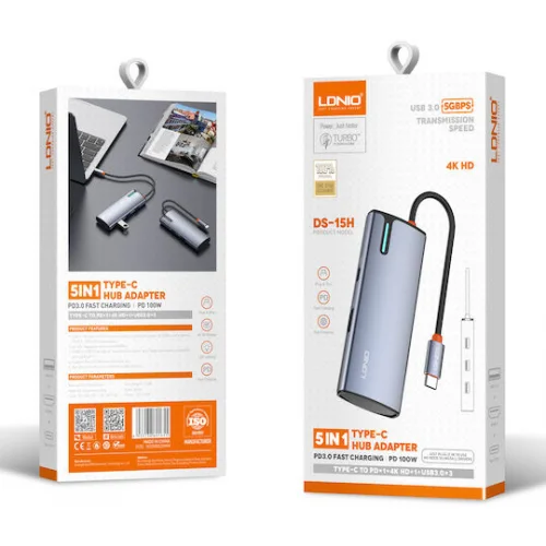 Ldnio DS-15H USB-C Docking Station με HDMI 4K PD Γκρι Ldnio DS-15H USB-C Docking Station με HDMI 4K PD Γκρι