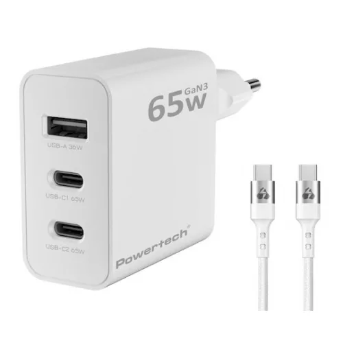 Powertech Φορτιστής GaN με Θύρα USB-A και 2 Θύρες USB-C και Καλώδιο USB-C - USB-C 65W Λευκός (PT-1378)