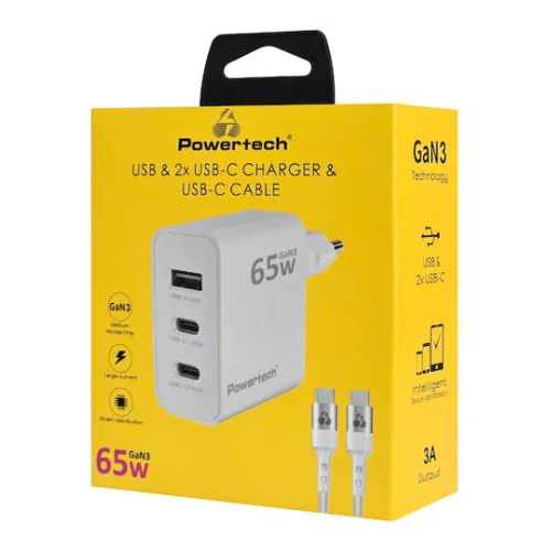 Powertech Φορτιστής GaN με Θύρα USB-A και 2 Θύρες USB-C και Καλώδιο USB-C - USB-C 65W Λευκός (PT-1378)
