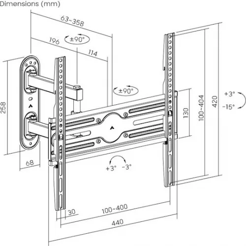 Powertech PT-1388 Βάση Τηλεόρασης Τοίχου με Βραχίονα έως 65" και 35kg Ασημί