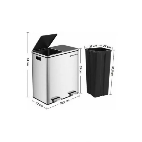 Songmics Soft Close Κάδος Ανακύκλωσης Μεταλλικός με Πεντάλ Ασημί 60lt