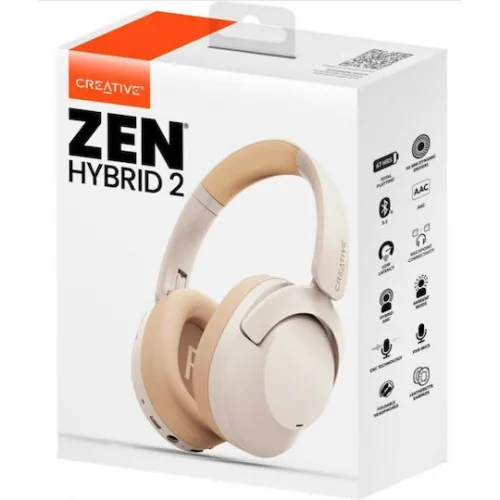 Creative Zen Hybrid 2 Ασύρματα / Ενσύρματα Over Ear Ακουστικά με 67 ώρες Λειτουργίας και Quick Charge Cream Creative Zen Hybrid 2 Ασύρματα / Ενσύρματα Over Ear Ακουστικά με 67 ώρες Λειτουργίας και Quick Charge Cream