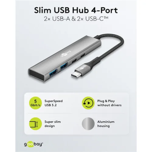 Goobay USB 3.2 Hub 4 Θυρών με σύνδεση USB-C / USB-A Γκρι