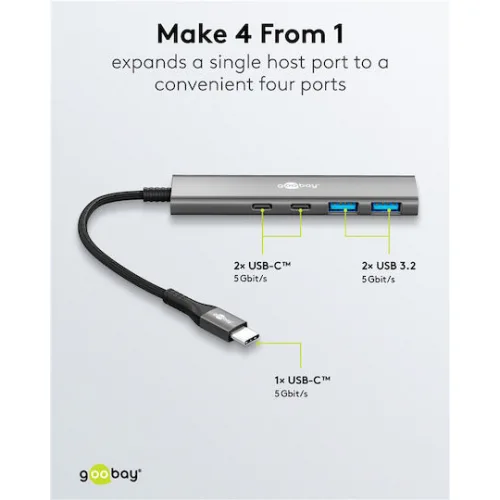 Goobay USB 3.2 Hub 4 Θυρών με σύνδεση USB-C / USB-A Γκρι
