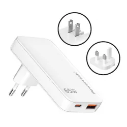 Powertech Φορτιστής Χωρίς Καλώδιο GaN με Θύρα USB-A και Θύρα USB-C 65W Quick Charge 3.0 Λευκός (PT-1532)