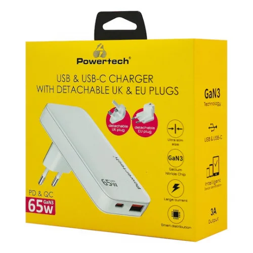 Powertech Φορτιστής Χωρίς Καλώδιο GaN με Θύρα USB-A και Θύρα USB-C 65W Quick Charge 3.0 Λευκός (PT-1532)
