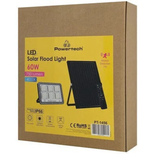 Powertech Στεγανός Ηλιακός Προβολέας LED 60W Φυσικό Λευκό 4000K με Αισθητήρα Κίνησης και Τηλεχειριστήριο IP66