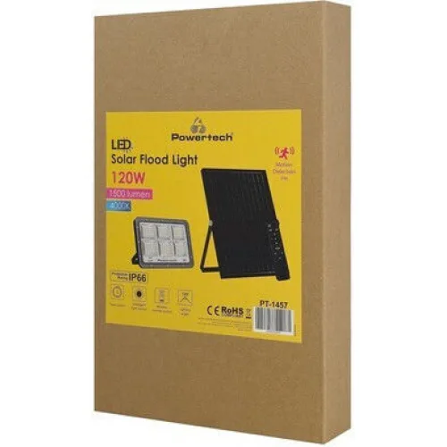 Powertech Στεγανός Ηλιακός Προβολέας LED 120W Φυσικό Λευκό 4000K με Αισθητήρα Κίνησης και Τηλεχειριστήριο IP66