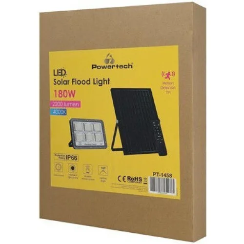 Powertech Στεγανός Ηλιακός Προβολέας LED 180W Φυσικό Λευκό 4000K με Αισθητήρα Κίνησης και Τηλεχειριστήριο IP66