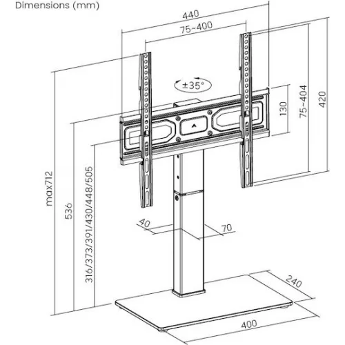 Powertech PT-1445 Επιτραπέζια Βάση Τηλεόρασης έως 65" και 40kg Ασημί