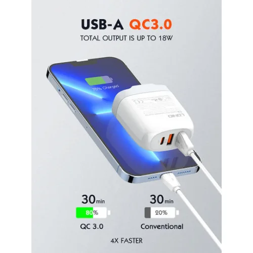 Ldnio Φορτιστής με 2 Θύρες USB-A και Θύρα USB-C και Καλώδιο USB-C - USB-C 65W Λευκός (A3511Q)
