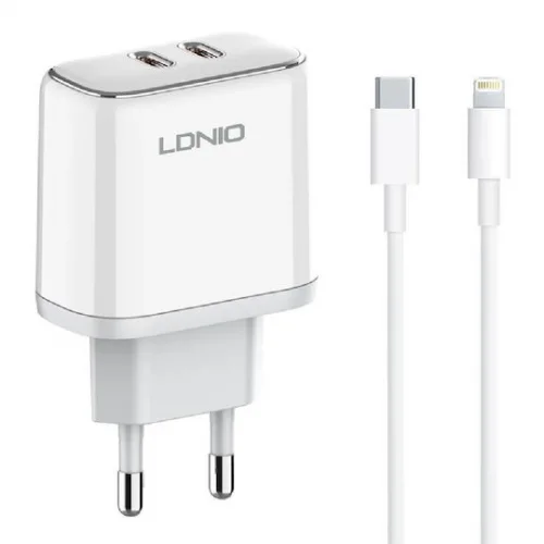 Ldnio Φορτιστής με 2 Θύρες USB-C και Καλώδιο USB-C - Lightning 35W Power Delivery Λευκός (A2528M)