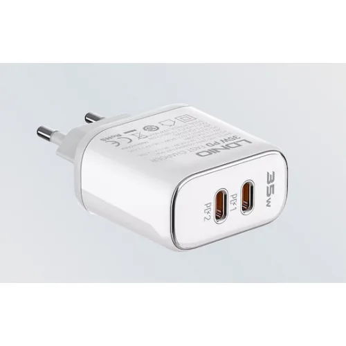 Ldnio Φορτιστής με 2 Θύρες USB-C και Καλώδιο USB-C - Lightning 35W Power Delivery Λευκός (A2528M)