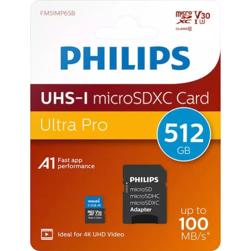 Philips Ultra Pro microSDXC 512GB Class 10 U3 UHS-I με αντάπτορα