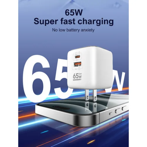 Ldnio Φορτιστής Χωρίς Καλώδιο GaN με Θύρα USB-A και Θύρα USB-C και Καλώδιο USB-C 65W Λευκός (Q2617)