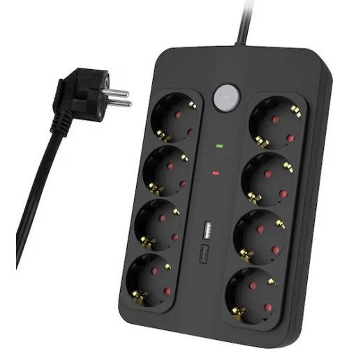 Powertech Πολύπριζο Ασφαλείας 8 Θέσεων με USB-A, USB-C, Διακόπτη και Καλώδιο 1.5m