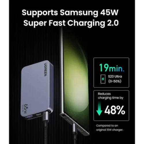 Ugreen Φορτιστής Χωρίς Καλώδιο GaN με Θύρα USB-A και 2 Θύρες USB-C 65W Γκρι (Nexode Pro)
