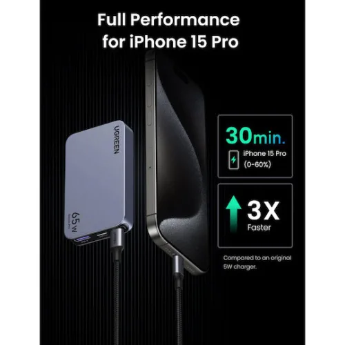 Ugreen Φορτιστής Χωρίς Καλώδιο GaN με Θύρα USB-A και 2 Θύρες USB-C 65W Γκρι (Nexode Pro)