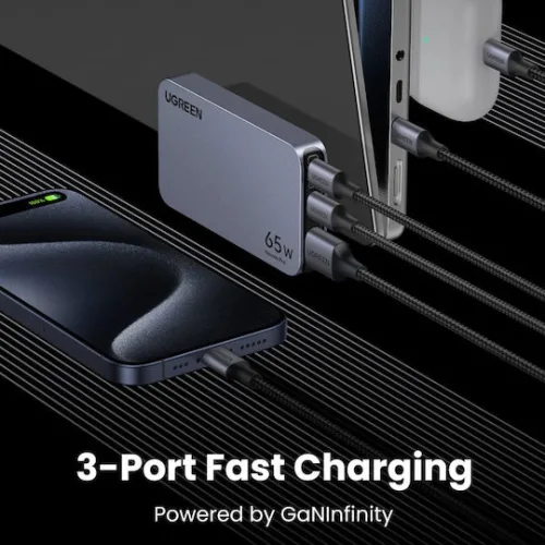 Ugreen Φορτιστής Χωρίς Καλώδιο GaN με Θύρα USB-A και 2 Θύρες USB-C 65W Γκρι (Nexode Pro)
