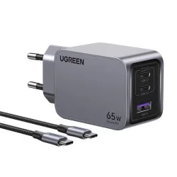 Ugreen Φορτιστής GaN με Θύρα USB-A και 2 Θύρες USB-C και Καλώδιο USB-C - USB-C 65W Power Delivery / Quick Charge 4.0 Γκρι (Nexode Pro)
