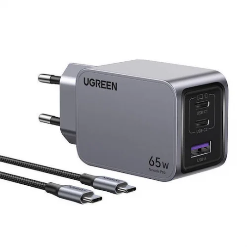 Ugreen Φορτιστής GaN με Θύρα USB-A και 2 Θύρες USB-C και Καλώδιο USB-C - USB-C 65W Power Delivery / Quick Charge 4.0 Γκρι (Nexode Pro)