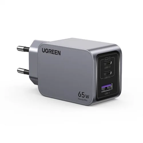 Ugreen Φορτιστής GaN με Θύρα USB-A και 2 Θύρες USB-C και Καλώδιο USB-C - USB-C 65W Power Delivery / Quick Charge 4.0 Γκρι (Nexode Pro)