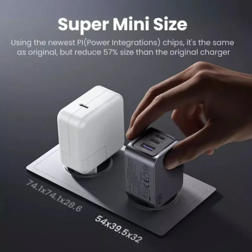 Ugreen Φορτιστής GaN με Θύρα USB-A και 2 Θύρες USB-C και Καλώδιο USB-C - USB-C 65W Power Delivery / Quick Charge 4.0 Γκρι (Nexode Pro)