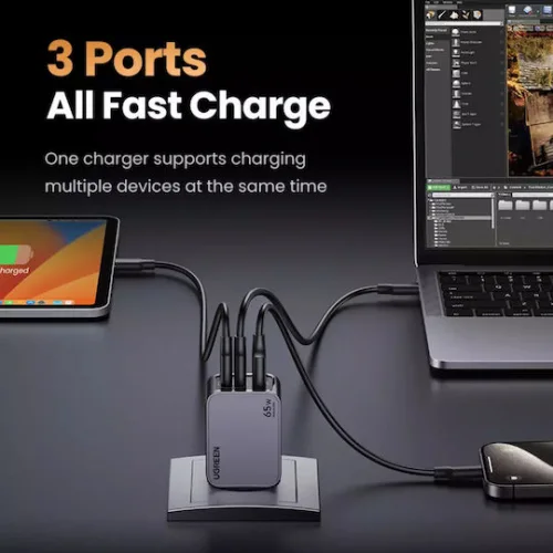 Ugreen Φορτιστής GaN με Θύρα USB-A και 2 Θύρες USB-C και Καλώδιο USB-C - USB-C 65W Power Delivery / Quick Charge 4.0 Γκρι (Nexode Pro)