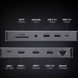 Ugreen CM681 USB-C Docking Station με HDMI/DisplayPort 4K PD Ethernet και σύνδεση 3 Οθονών Ασημί