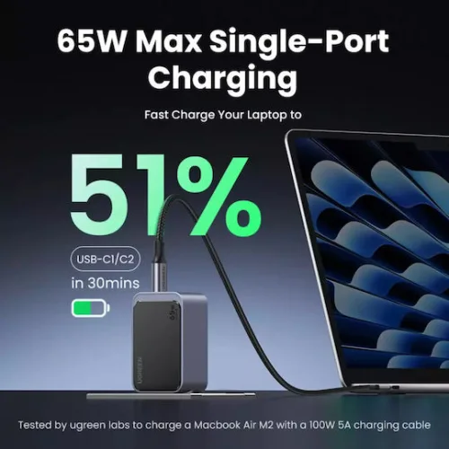 Ugreen Φορτιστής Χωρίς Καλώδιο GaN με Θύρα USB-A και 2 Θύρες USB-C 65W Power Delivery / Quick Charge 3.0 Γκρι (Nexode Air X553)