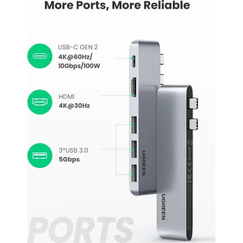 Ugreen CM251 Docking Station με Διπλό USB-C HDMI 4K PD και σύνδεση 2 Οθονών Ασημί