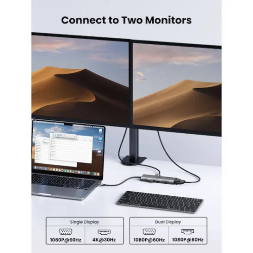 Ugreen CM639 USB-C Docking Station με HDMI 4K PD Ethernet και σύνδεση 2 Οθονών Γκρι