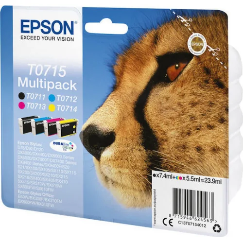 Epson T0715 Γνήσιο Πακέτο 4 Μελανιών Εκτυπωτή InkJet Κίτρινο / Κυανό / Ματζέντα / Μαύρο (C13T07154010 C13T07154020 C13T07154012)