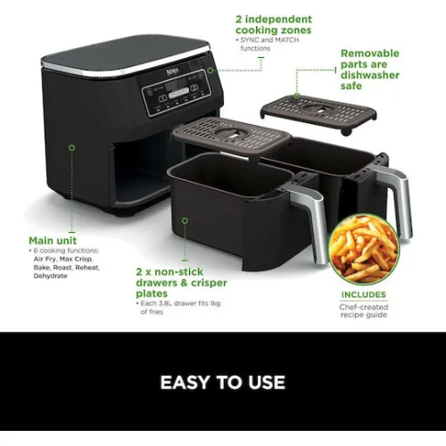 Ninja Foodi Max Dual Zone Air Fryer με Διπλό Αποσπώμενο Κάδο 7.6lt Μαύρο