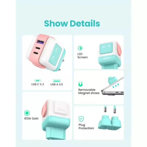 Ugreen Φορτιστής Χωρίς Καλώδιο GaN με Θύρα USB-A και 2 Θύρες USB-C 65W Power Delivery / Quick Charge 4.0 Pink Blue (Robot)