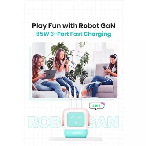 Ugreen Φορτιστής Χωρίς Καλώδιο GaN με Θύρα USB-A και 2 Θύρες USB-C 65W Power Delivery / Quick Charge 4.0 Pink Blue (Robot)